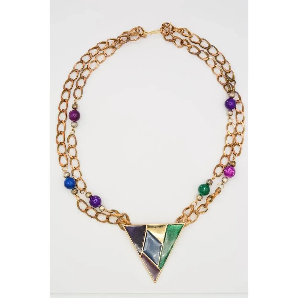 Vintage Multicolor Enamel Geometric Triangle Statement Necklace Gold Beaded BinY